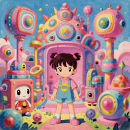 vintage 90\'s anime mixed with pastel impasto highly rhythmic expressionistic wild symmetrical cutest cyberpunk concept art pleasing palette trending on artstation funhouse surreal unpredictable wild unexplainable fantasy land you could not have dreamed of in the gritty posterized grainy analog style of studio Ghibli and 1960s americana Comics, HQ 8k scan