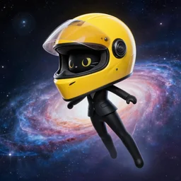 black suit catgirl yellow motorcycle helmet, floating through galaxy, celty sturluson