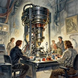 watercolor oppenheimer's lab, horripilation machine by richard corben, bernie wrightson, ian miller, boris vallejo, & albrecht durer, fine art masterpiece baked at 3 0 0 f, matte painting, backlit dystopian lighting, photorealistic render, cinematic,
