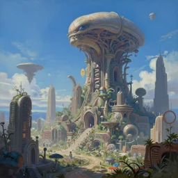 ultra realist intricate detailed painting of an alien world with buildings, blue sky, very intricate details, bokeh focus, 8 k render, artstyle chris foss and john berkey, award winning