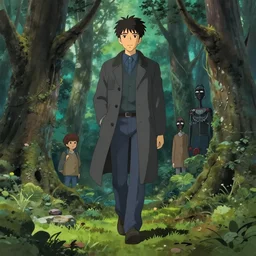 maximalist otherworldly forest walking male in coat, trending on pixiv fanbox, painted by makoto shinkai takashi takeuchi studio ghibli, akihiko yoshida, yoshitaka amano, wangechi mutu, clean cel shaded vector art, illustration, hd, 8 k