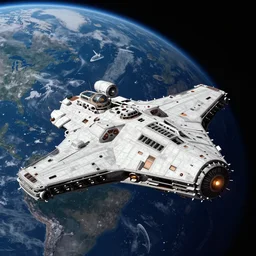 militarized spaceship carrier seen from the orbit of an earth-like planet, Syd Mead