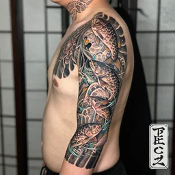 design of the dot work big arm and neck tattoo, asian style tattoos, yakuza tattoo, fishes jumping out the water, instagram tattoos, pejczi