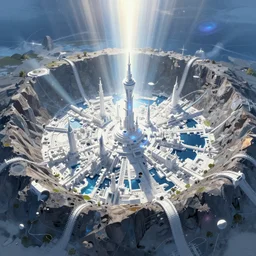 a highly detailed matte painting of futuristic fantasy city built into a meteor crater, crater lake with a river running through it, shining white city, aerial photography, ultrawide lens, by dan mumford, yusuke murata, makoto shinkai, ross tran, cosmic, heavenly, god rays, intricate detail, cinematic, 8 k, cel shaded, unreal engine, featured on artstation, pixiv