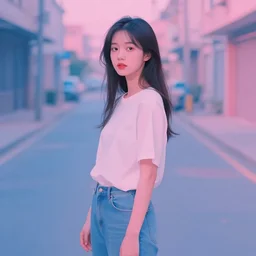 portrait of a beautiful girl, standing in an empty street, shades of pink and blue, by ruan jia, by john chamberlain