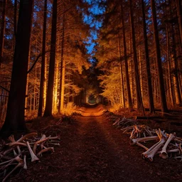 forest at night fiery trees lighting the road littered with piles of bones