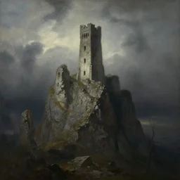 an ancient ruined tower atop a crag, moody, ethereal, atmospheric, painting, Zdzisław Beksiński