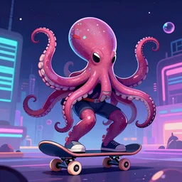 Chtulu octupus monster riding on a skateboard, digital art synthwave