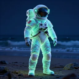 glowwave astonaut in the beach, au naturel, hyper detailed, neon, digital art, trending in artstation, cinematic lighting, studio quality, smooth render, hightly detailed, unreal engine 5 rendered, raytracing, octane rendered, art style by klimt and nixeu and ian sprigger and wlop and krenz cushart.