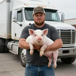 photo of : a tough badass old fat trucker is holding a small twisted piglet between his legs, in front of his semi - truck.