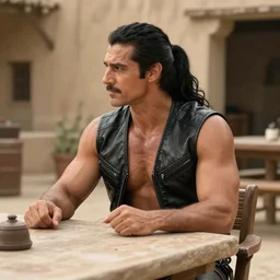muscular man sitting at table on tatooine, wearing a black black leather vest vest, no shirt, shirtless, long black hair in a ponytail ponytail 9 9 9 9 9 9