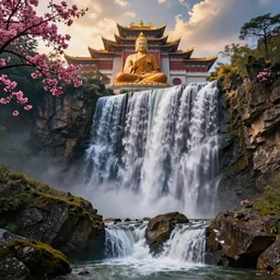 a beautiful picture of waterfall in full bloom, rocks, giant palace, giant monk meditate, close up, golden ratio, perfect symmetrical, greg rutkowski, thomas kinkade, artstation