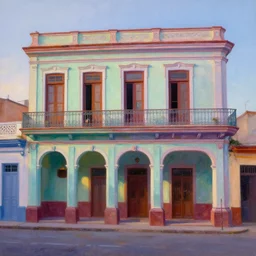 beautiful painting of cuban houses and storefront without characters, colonial architecture, intricate and smooth colors, front view, trending in artstation, colorful oil render, dawn light, art style by robh ruppel