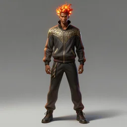 a highly detailed illustration of attractive young african guy with flaming hair wearing tracksuit, dramatic standing pose, intricate, elegant, highly detailed, centered, digital painting, artstation, concept art, smooth, sharp focus, league of legends concept art, wlop