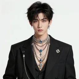 a character model design of a handsome shy young man wearing excessive jewelry in an ornate and elegant way