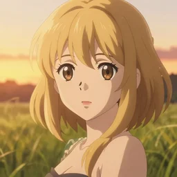 anime art, anime key visual of elegant young female, close up at face, blonde hair and large eyes, finely detailed perfect face, standing in the grass at sunset, golden hour sunset lighting, background blur bokeh!!, trending on pixiv fanbox, studio ghibli, extremely high quality artwork, 4 k - t