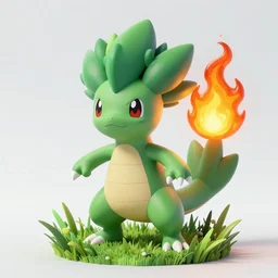 a scary grass type pokemon, green fire bursting out of his hair, highly detailed digital art, 3 d perspective, award - winning illustration, aesthetic, smooth, pokemon style, made by yuka morii and greg rutkowski