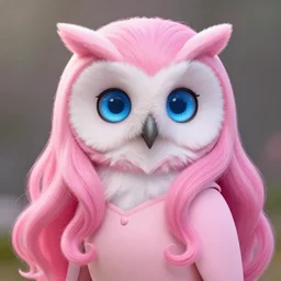 the character is an unnaturally beautiful teenage owl with deep light blue eyes and long curled pink hair, wearing light pink clothes. realistic cg render, anatomically correct, high key lighting, trending on art station, vibrant colors.