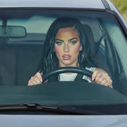 charli xcx on the windshield of a car, oil painting, detailed