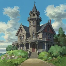 a low angle, from below, worms - eye - view of haunted victorian tower on a cliffside, road leading up to the house, finely detailed features, perfect art, gapmoe yandere, trending on pixiv fanbox, painted by makoto shinkai takashi takeuchi studio ghibli, akihiko yoshida, craig mullins