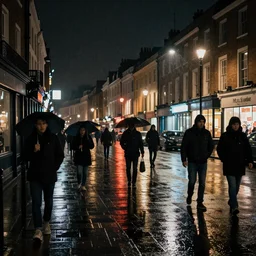 dark Saturday, busy West Street Brighton Sussex at night in the rain, lots of drunk people, lots of reflections of lights, painted with a palette knife