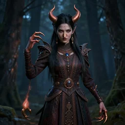 a female evil demonic character of kazakh mythology, jeztyrnauk, in the form of a beautiful young girl or woman with a copper nose and copper claws, who has a vicious character and incredible strength, standing in the night forrest, quality render 8 k, detailed, octane render