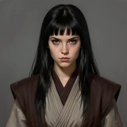 portrait of a woman by greg rutkowski, young jedi knight, black hair with bangs, goth vibes, introvert, star wars expanded universe, she is about 2 0 years old, wearing jedi robes highly detailed portrait, digital painting, artstation, concept art, smooth, sharp foccus ilustration, artstation hq