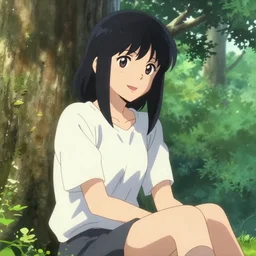 photorealistic Jimmy McGill meets a beautiful smiling anime girl with black hair and hime cut sitting under a tree, anime key visual, digital art, anime screenshot, kyoto animation, makoto shinkai, trending on artstation