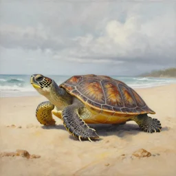 a detailed painting of a turtle, all alone, on the beach, on a cloudy day
