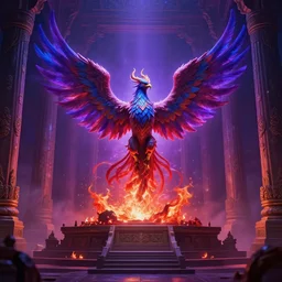 single centered phoenix beast rising up from the ashes in the middle of a temple's altar, fantasy art, purple red blue colors,