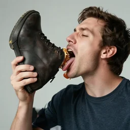 photo still of a man licking a boot boot in mouth holding boot to mouth eating a boot!!!!! eating a boot!!!!!, 8 k