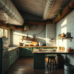 post - apocalyptic kitchen interior covered by nature by beeple artgerm, gonsalves, amanda sage, bauhaus, pennington, bernardi, kinkade, elson, mcquarrie, lacoste, rhads, syd mead, masson, frank stella, zeitguist, reinaldo, pedro conti, dalmiro buigues, de souza, rutkowski 3