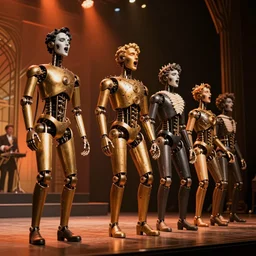 hyperrealistic victorian mechanical humanoids singing on an art deco stage concept art santiago caruso de chirico sharp dramatic orange light 8k low angle shallow depth of field