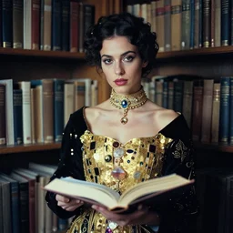 lomography, full body portrait photo of women like reol holding a costume party in a library, open books, wearing an ornate and choker by gustav klimt, moody, realistic, dark, skin tinted a warm tone, light blue filter, hdr, rounded eyes, detailed facial features, gold black