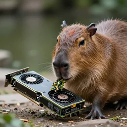 a beautiful photo of a capybara chewing on a rtx 4 0 9 0 graphics card, eats a consumer gpu, wildlife photography, nvidia, kodak gold 2 0 0, depth of field, 2 5 mm f / 1. 7 asph lens, natural lighting, award - winning photo