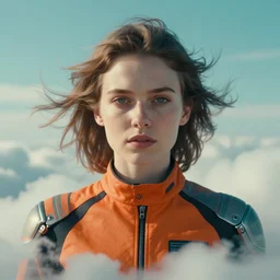 symmetry!!! closeup portrait! of a racer girl, cyborg jumpsuit, in clouds, cinematic light, windy, teal orange, by gerald brom, by mikhail vrubel, by peter elson, muted colors, extreme detail, trending on artstation, 8 k