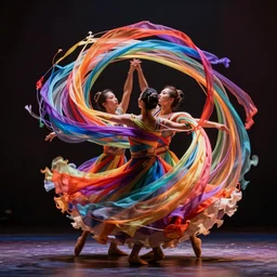 image of people dancing with swirling ribbons of color all around them twirling and wrapped
