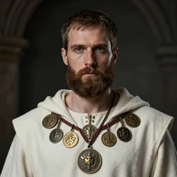 a face portrait of a man in the 3 0 s with a short brown beard, wearing many medallions, white robes, medieval era, style by donato giancola, wayne reynolds, jeff easley dramatic light, high detail, cinematic lighting, artstation, dungeons and dragons