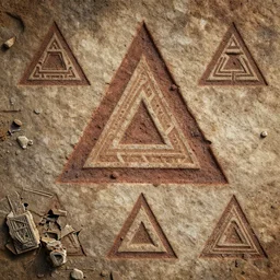 entities, muck and geoglyphs in the form of triangles, geometric patterns, impossible structures, decayed, broken pieces, rendered in cinema 4 d, highly detailed, alien, interesting textures, experimental