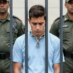 alvaro uribe in prison, chained, sad face, surrounded by two guards