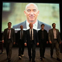 jeff bezos as mr orange in reservoir dogs, opening credits, group walking together, 3 5 mm film, high quality film, big screen, cinematic