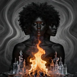 ( fire and ice ), * * cognitive illusion * * by oleg suplyak and afarin sajedi in a surreal portrait style, black love, black art, afrofuturism