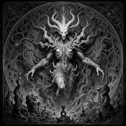 Shub-Niggurath, intricate evil portal to another world, dark fantasy, Eldritch, monochromatic, Charlie Bowater, Alphonse Mucha
