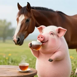 a pig in heals drinking tea with a horse