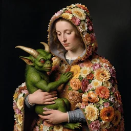 a woman wearing a hooded cloak made of flowers holding a green-horned goblin monster, by Jan van Eyck