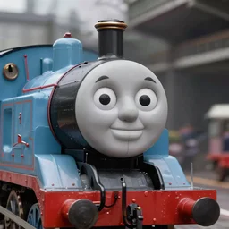 the most smug, insane, evil, satanic looking Thomas the tank, ultra realistic 4k rendered in redshift