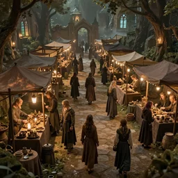 an image of a bustling elven marketplace in the genre of dungeons and dragons