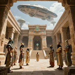 Aztec priests meeting godlike aliens in an ancient Aztec temple. A spaceship is looming in the sky. 8K Highly detailed epic sci-fi fantasy artwork by Sylvain Lorgeou. Trending on artstation