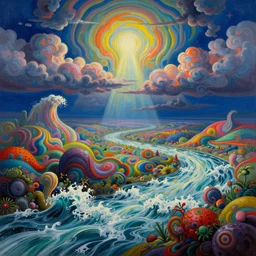 Psychedelic sci-fi dreamworld. Landscape painting. Organic. Winding rushing water. Waves. Clouds. Peter Max. Landscape by Milton Avery.