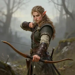 a young tiefling ranger holding a bow ready, highly detailed digital painting 4 k